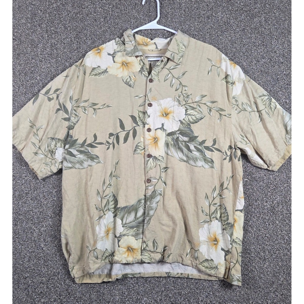 Jamaica Jaxx Hawaiian Shirt Mens XL Tan 100% Silk Floral Tropical Casual Relaxed